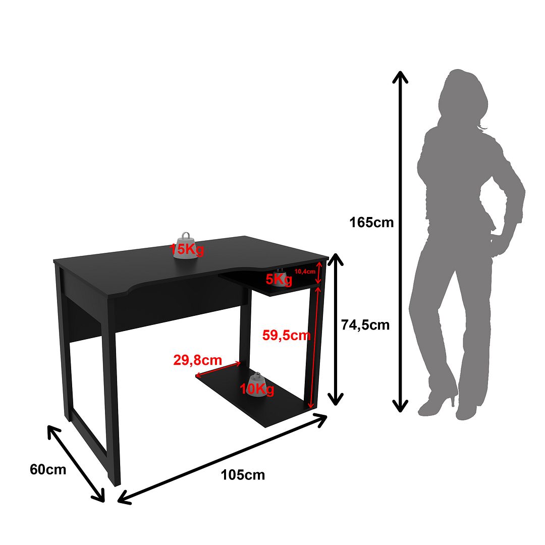 Conjunto de Escritório com Estante e Mesa Gamer 105cm com 1 Prateleira e Porta CPU Nicho Aberto MDP Preto Tecnomobili