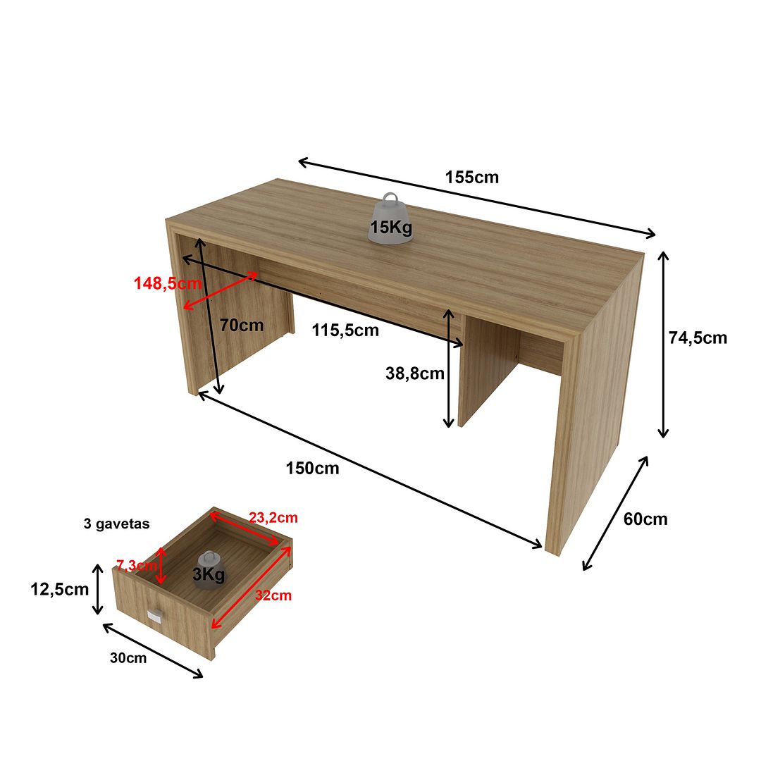 Conjunto de Escritório com Balcão 2 Portas e Mesa 155cm com 3 Gavetas Reversível MDP Amêndoa Tecnomobili