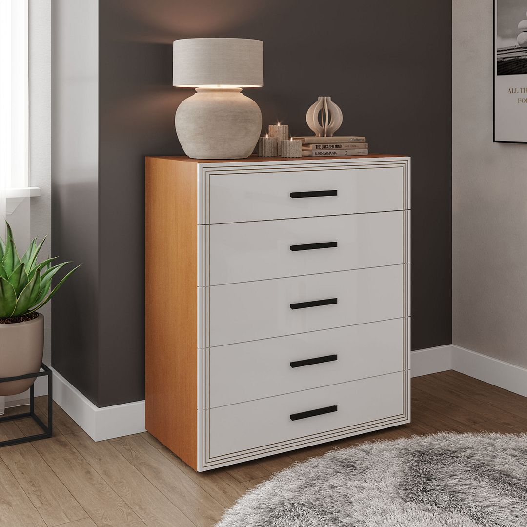 Cômoda 5 Gavetas 90cm Com Detalhes Usinados E Corrediça Telescópica Em Mdp/mdf Politorno