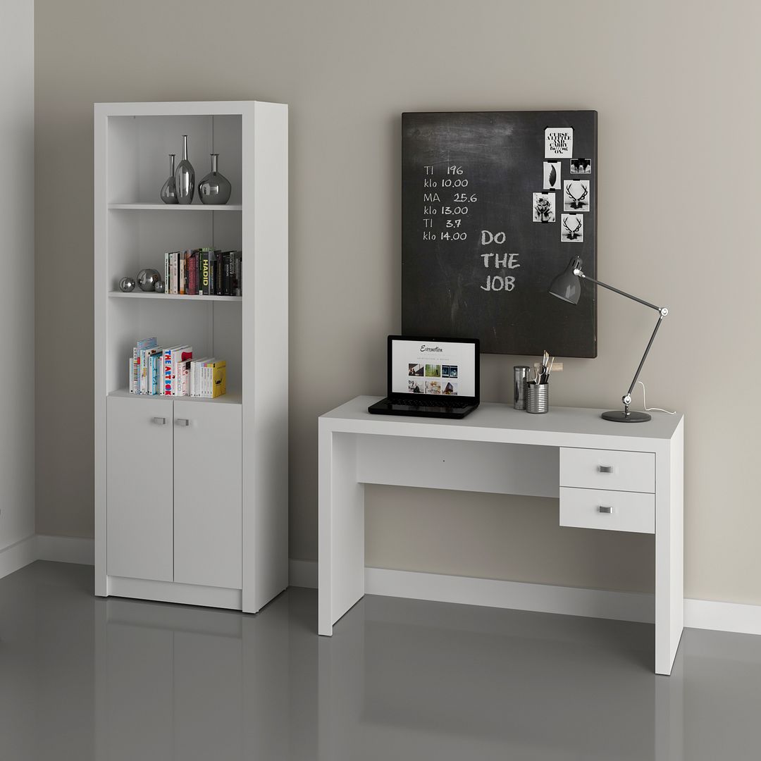 Conjunto de Escritório com Mesa 2 gavetas e Armário Alto com 2 Portas e 5 Prateleiras MDP Branco Tecnomobili