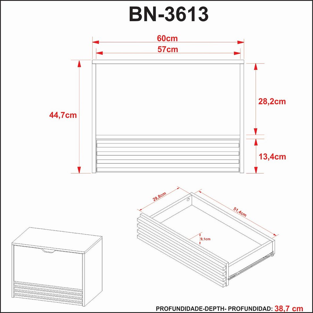Balcão Gabinete para Banheiro Suspenso 60cm com 1 Porta e 1 Gaveta MDP Amêndoa/Marmore/Branco Tecnomobili