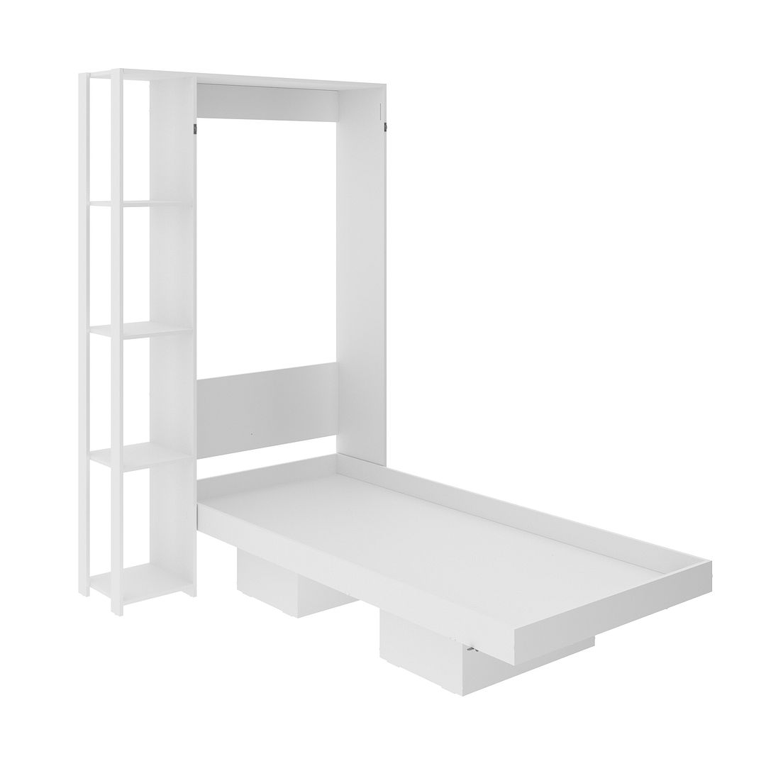 Cama Articulada Vertical Solteiro de Parede com 4 Prateleiras e 2 Nichos MDP Branco Até 110kg Tecnomobili