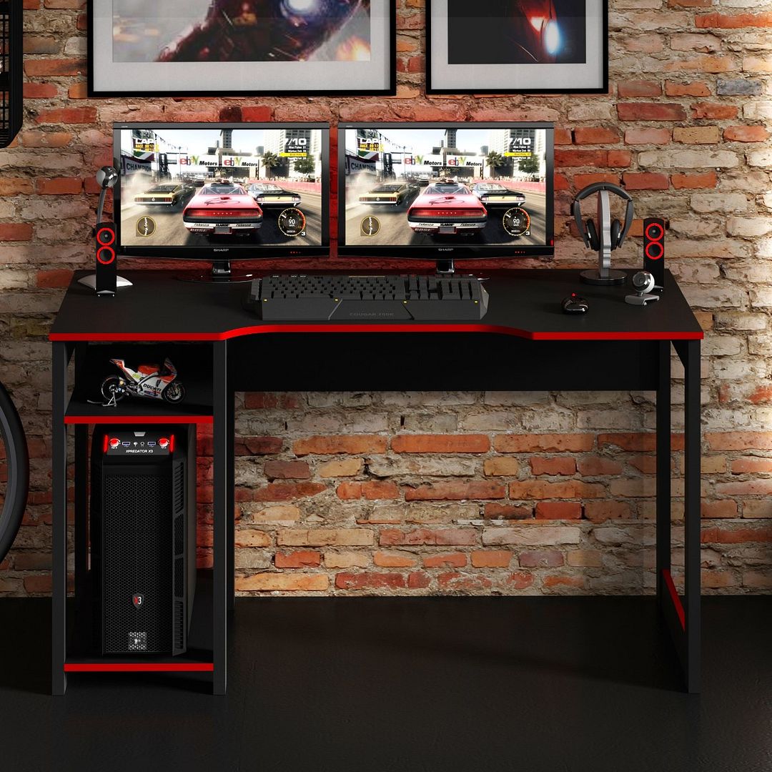 Mesa Gamer 136cm com 2 Prateleiras e Porta CPU Nicho Aberto MDP Preto/Vermelho Tecnomobili