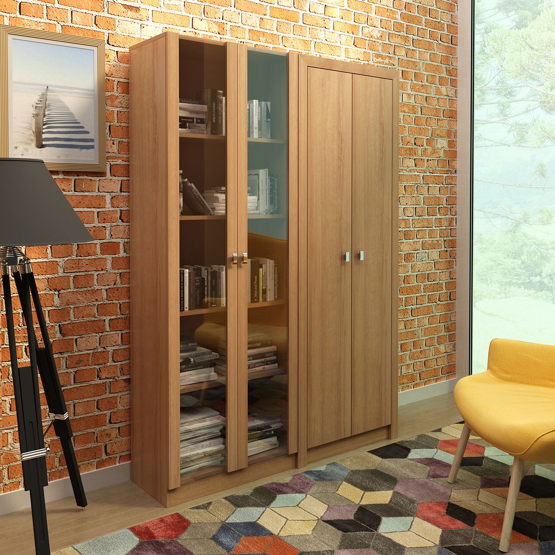 Conjunto de Escritório com Armário 2 Portas de Vidro e Armário  2 Portas 5 Prateleiras MDP Amêndoa Tecnomobili