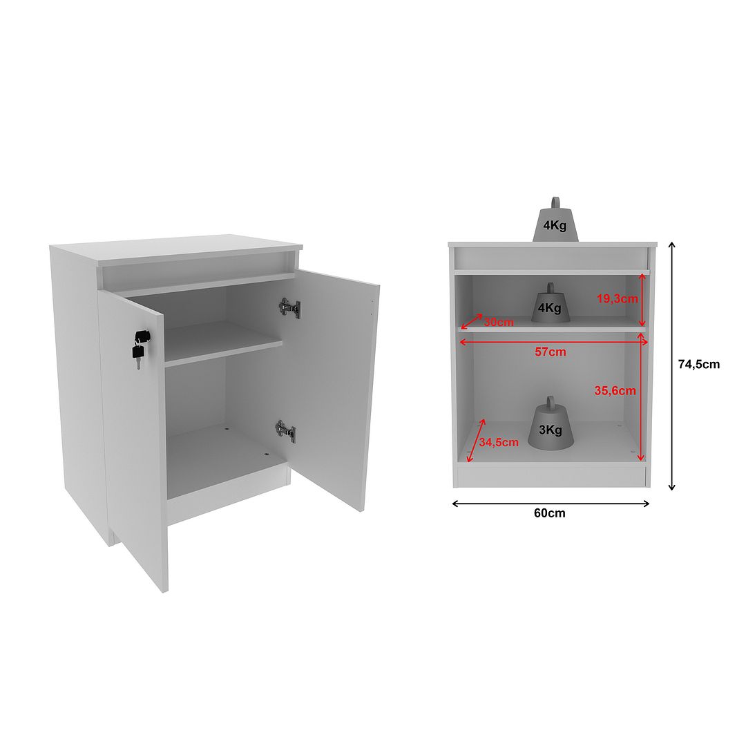 Balcão para Escritório 60cm com 1 Prateleira 2 Portas MDP Branco Tecnomobili