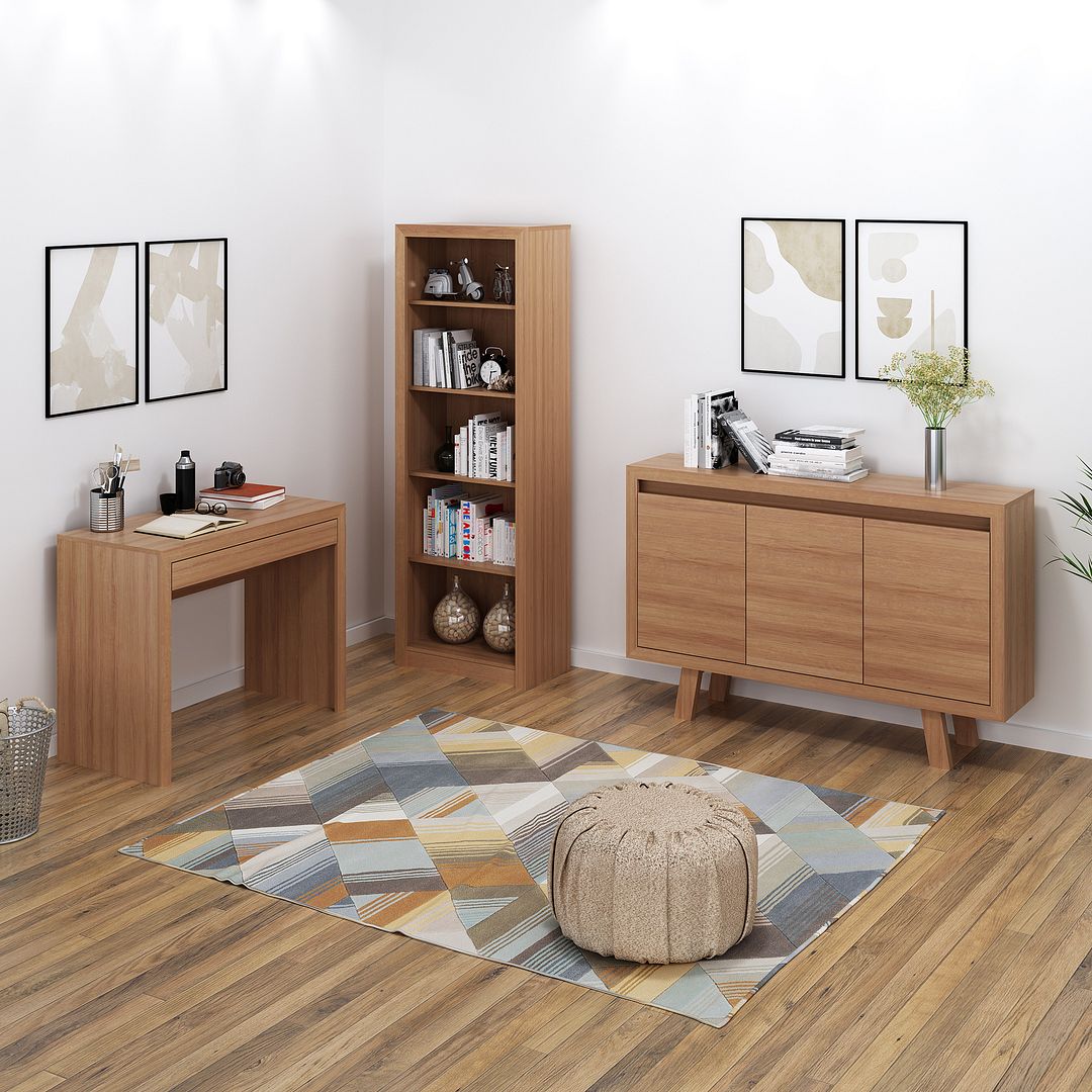 Conjunto de Escritório com Estante, Mesa 90cm com 1 Gaveta e Balcão 136cm com 3 portas MDP Amêndoa Tecnomobili
