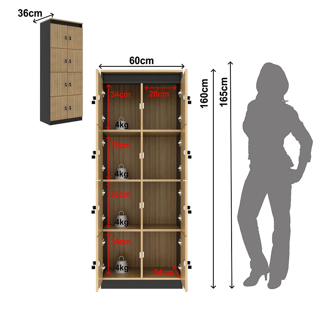 Armário Locker Guarda Volume 8 Portas com Chave MDP Amêndoa/Preto Tecnomobili