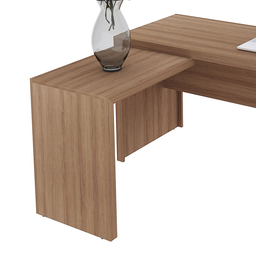 Conjunto de Escritório com Estante 5 Prateleiras e Mesa com Apoio Lateral 3 Gavetas 158cm MDP Amêndoa Tecnomobili