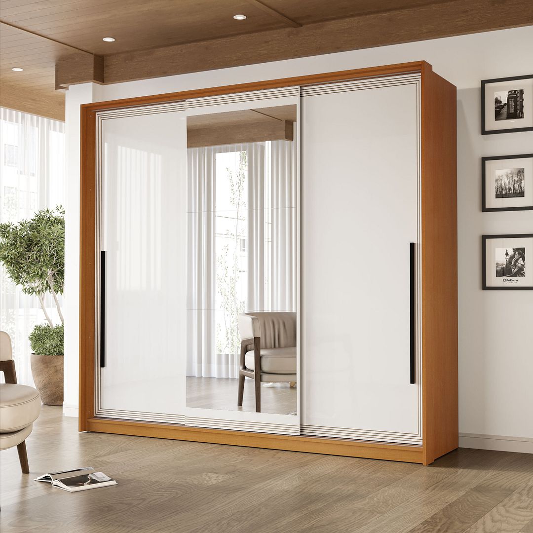 Guarda-Roupa 3 Portas 4 Gavetas 220cm Com Detalhes Usinados E Corrediça Telescópica Em Mdp/mdf Politorno