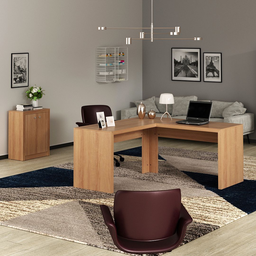 Conjunto de Escritório com Balcão 2 Portas e 1 Prateleira e Mesa Angular em L 157,3cm MDP Amêndoa Tecnomobili