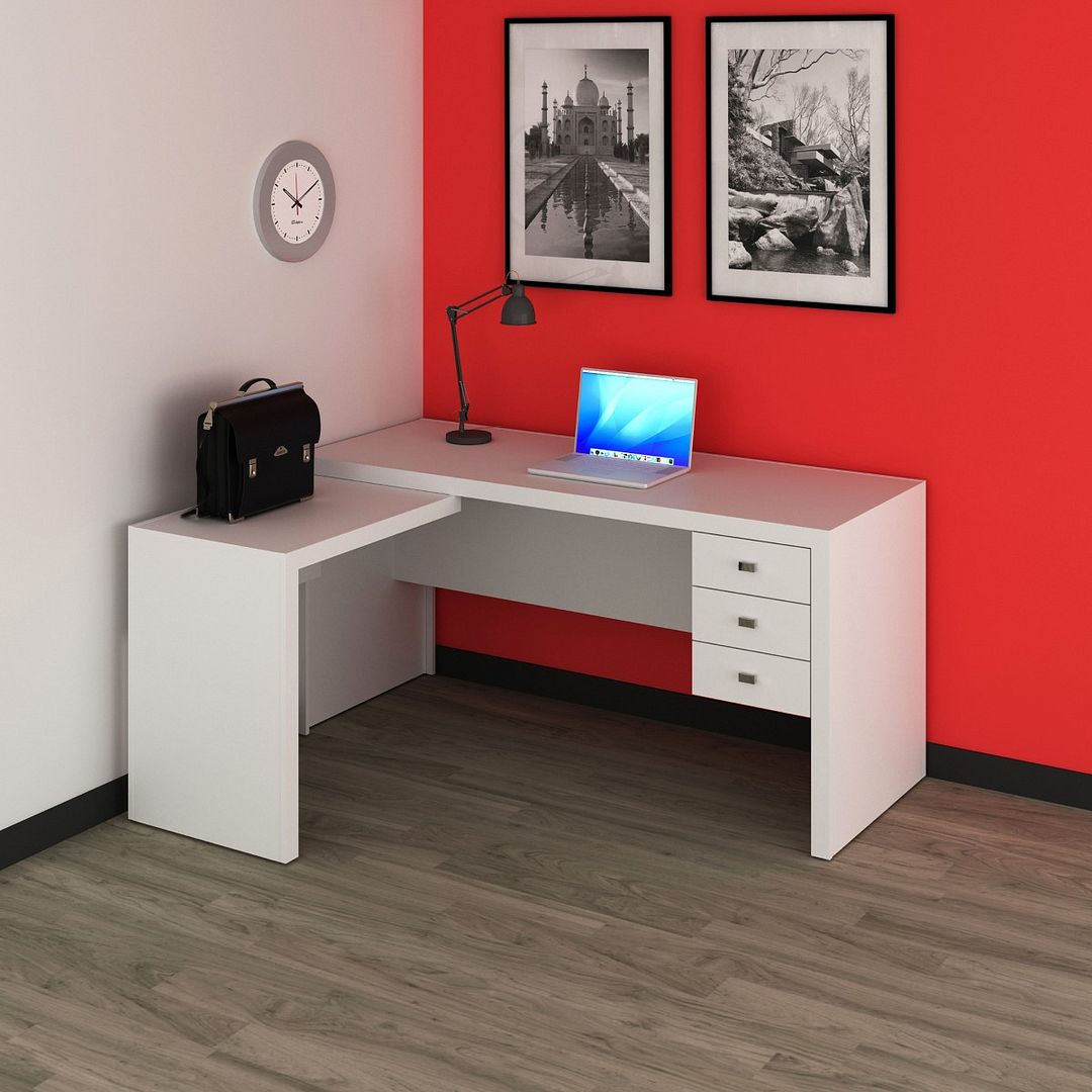 Mesa para Escritório com Mesa de Apoio e 3 Gavetas 158cm MDP Branco Tecnomobili