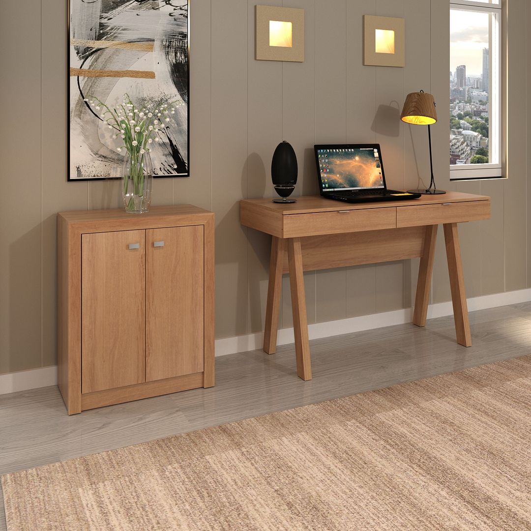 Conjunto de Escritório com Balcão 60cm e Escrivaninha Cavalete 120cm com 2 Gavetas MDP Amêndoa Tecnomobili