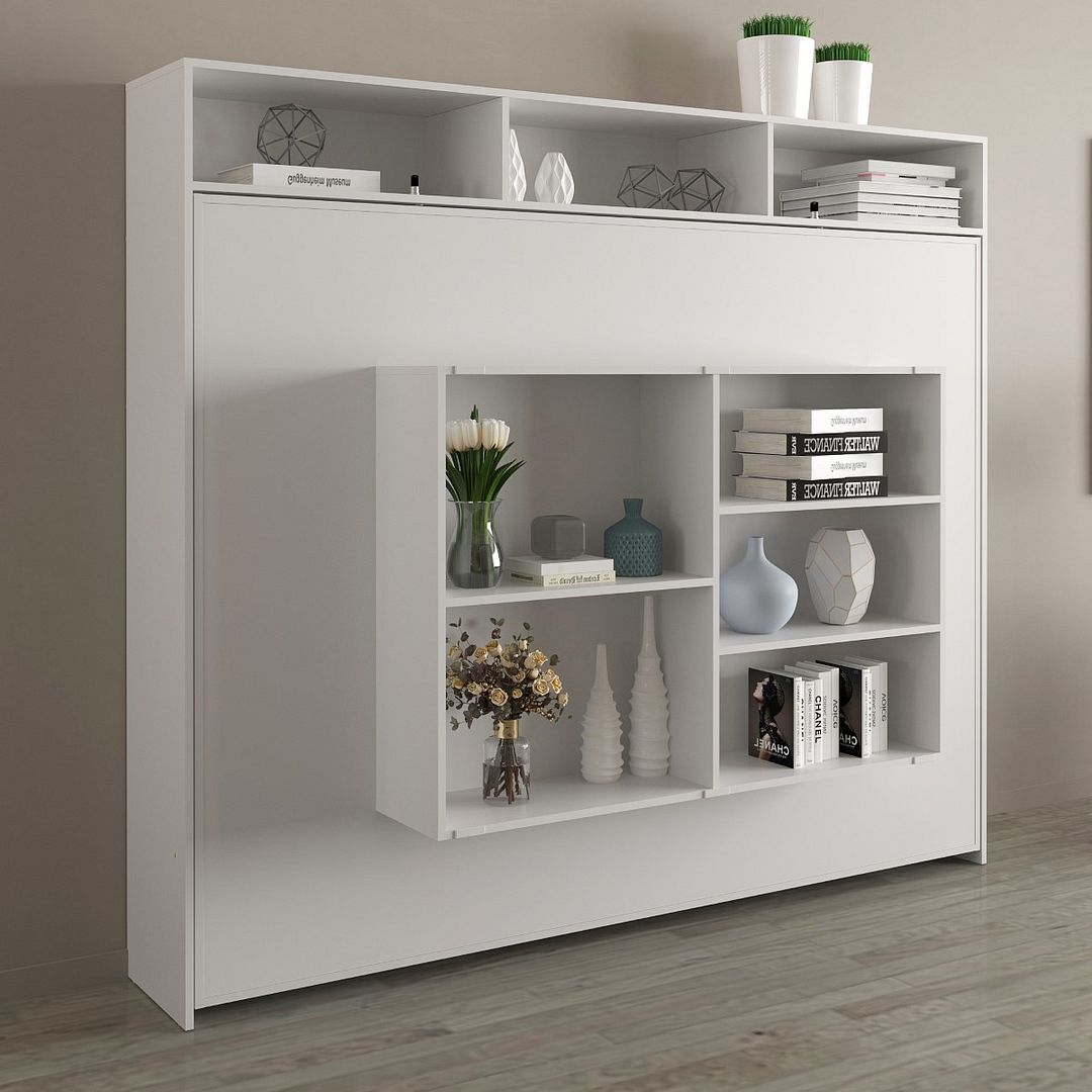 Cama Articulada Horizontal Casal de Parede com Nichos e Prateleiras MDP Branco Até 240kg Tecnomobili