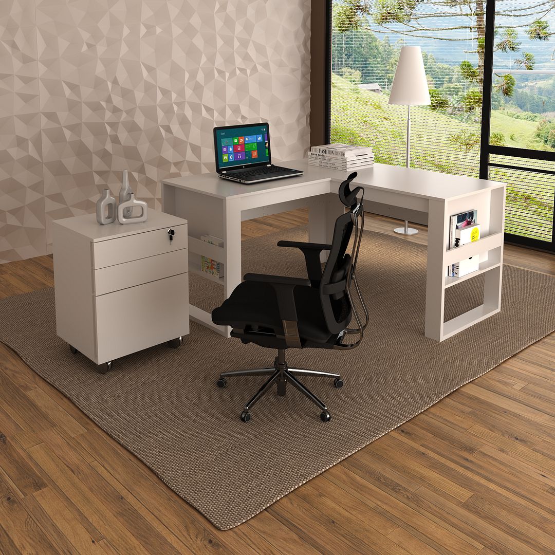 Conjunto de Escritório com Mesa 136cm em L e Gaveteiro com Chave e Rodinhas MDP Branco Tecnomobili