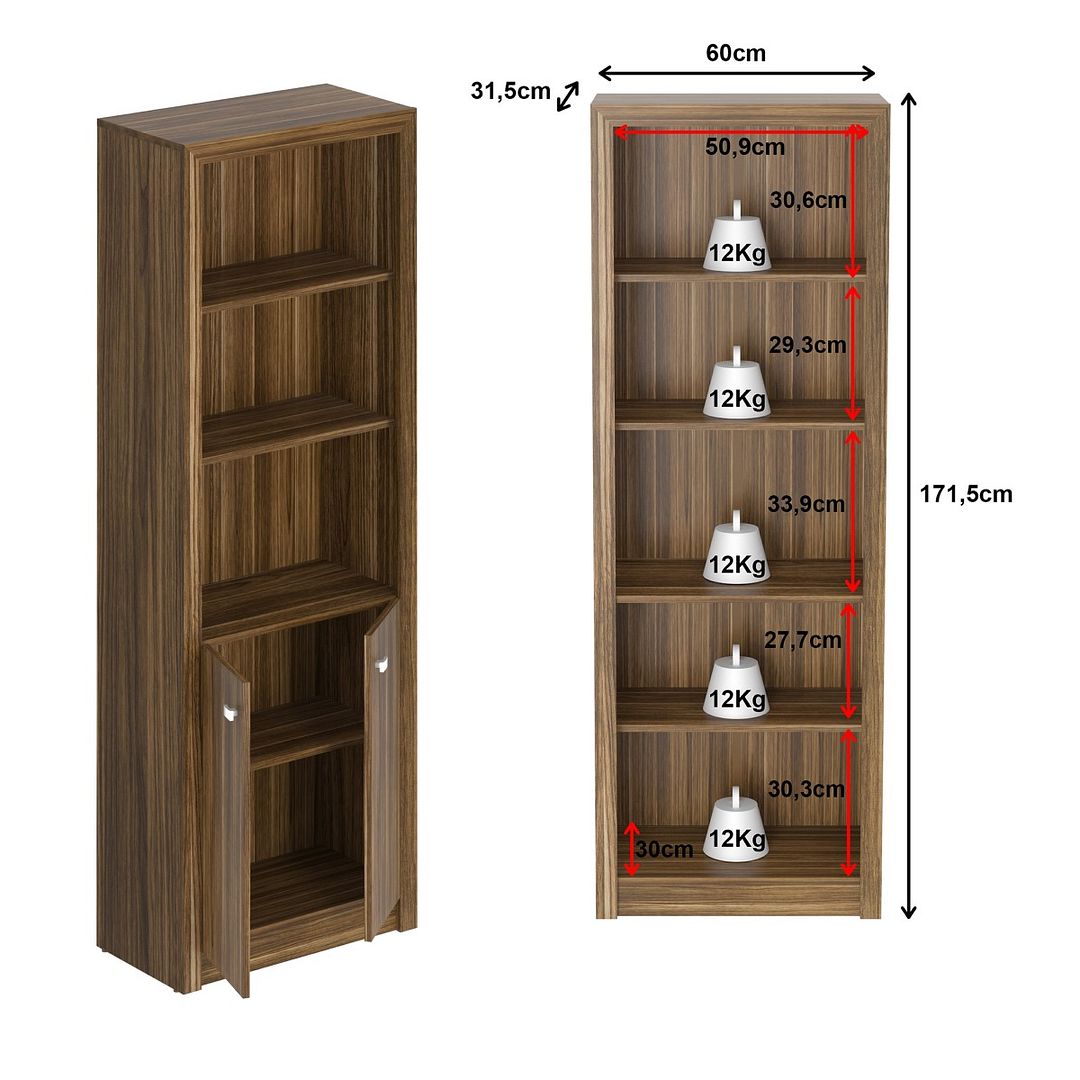 Conjunto de Escritório com Mesa Apoio Lateral 3 Gavetas e Armário Alto com 2 Portas 5 Prateleiras MDP Nogal Tecnomobili