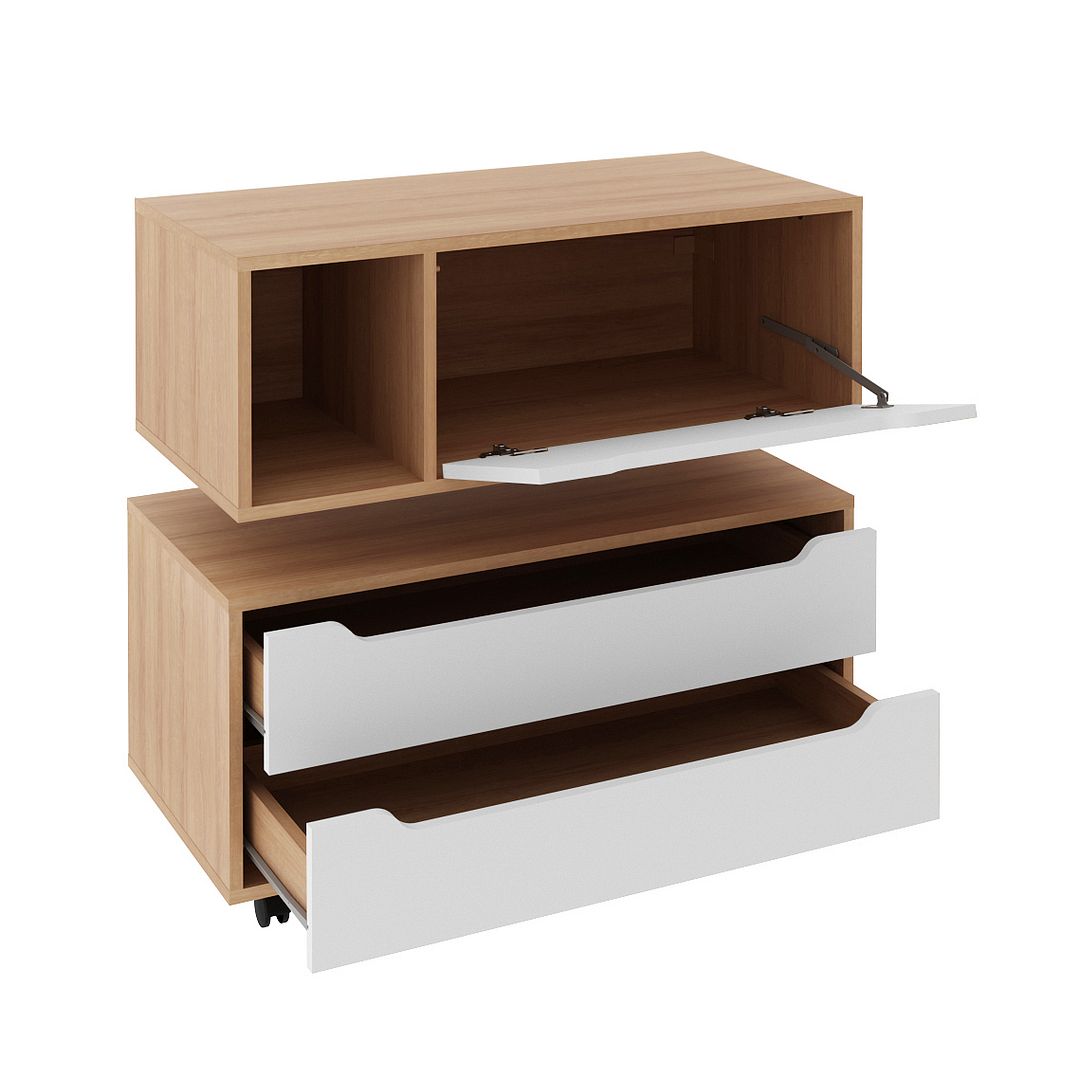 Conjunto de Banheiro com Balcão Gabinete 2 Gavetas e Balcão Gabinete Suspenso 1 Porta e Nicho MDP Amendoa/Branco