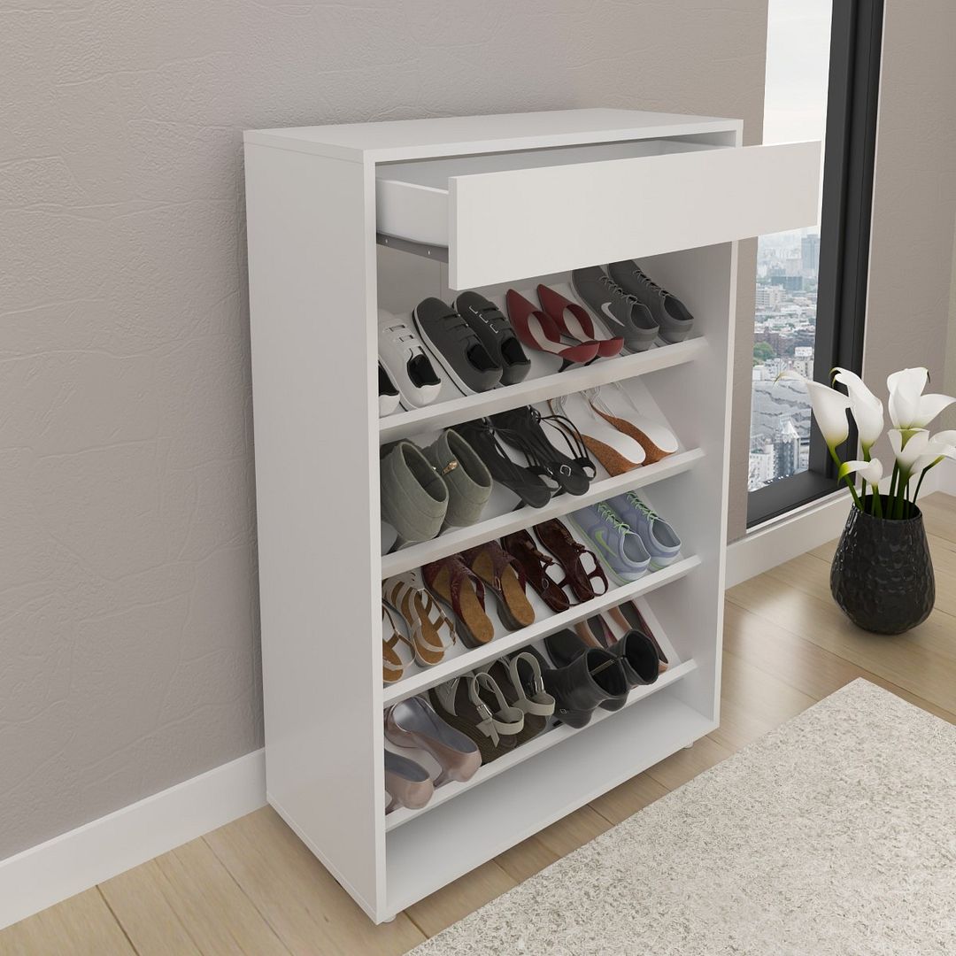 Sapateira Vertical Multiuso Organizadora com 1 Gaveta e 4 Prateleiras MDP Branco até 8 Pares Tecnomobili