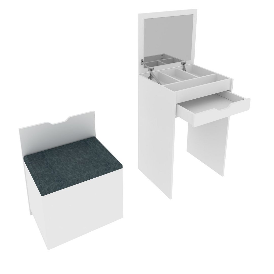 Penteadeira Quarto Compacta com Espelho 1 Gaveta e Puff MDP Branco/Tecido369 Tecnomobili