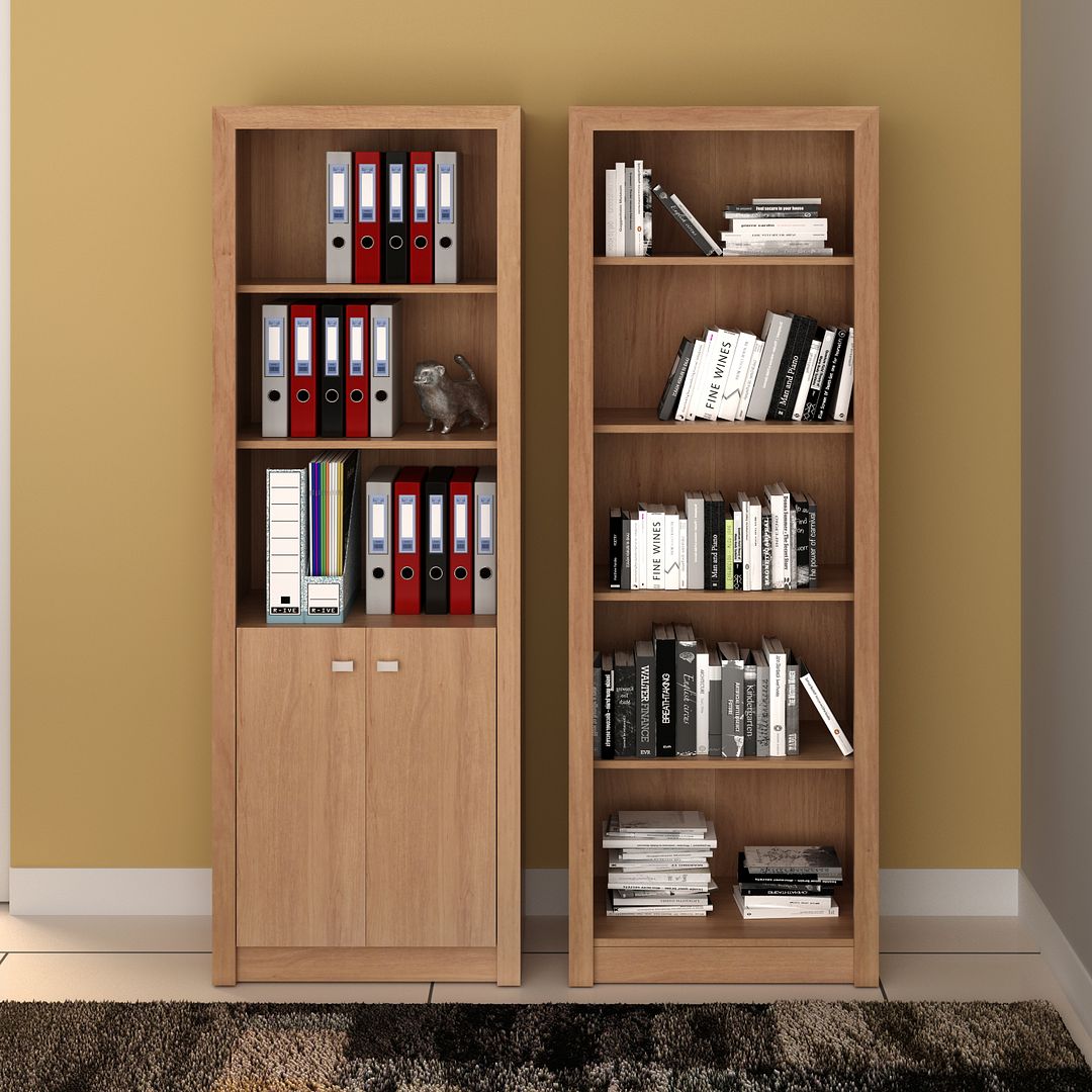 Conjunto de Escritório com Armário Alto com 2 Portas e 5 Prateleiras e Estante 5 Prateleiras MDP Amêndoa Tecnomobili