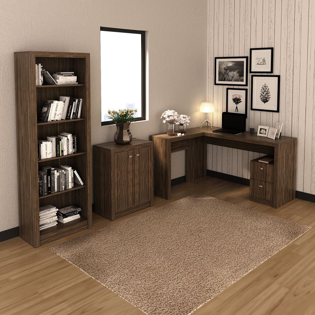 Conjunto de Escritório com Balcão, Estante com 5 Prateleiras e Mesa 138,5cm 2 Gavetas MDP Nogal Tecnomobili