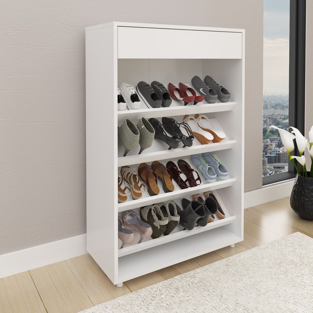 Sapateira Vertical Multiuso Organizadora com 1 Gaveta e 4 Prateleiras MDP Branco até 8 Pares Tecnomobili