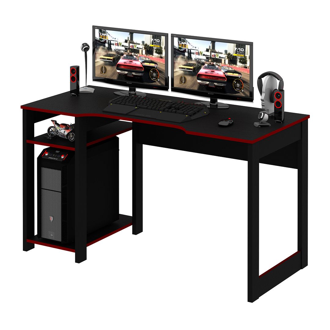 Mesa Gamer 136cm com 2 Prateleiras e Porta CPU Nicho Aberto MDP Preto/Vermelho Tecnomobili