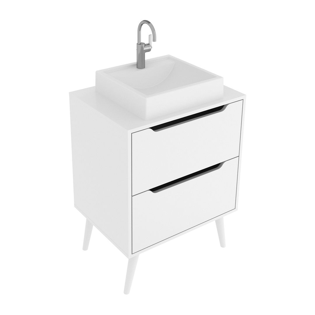 Balcão Gabinete para Banheiro 60cm com 2 Gavetas MDP Branco Pés Retrô Palito Tecnomobili