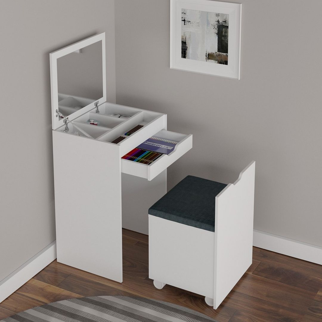Penteadeira Quarto Compacta com Espelho 1 Gaveta e Puff MDP Branco/Tecido369 Tecnomobili