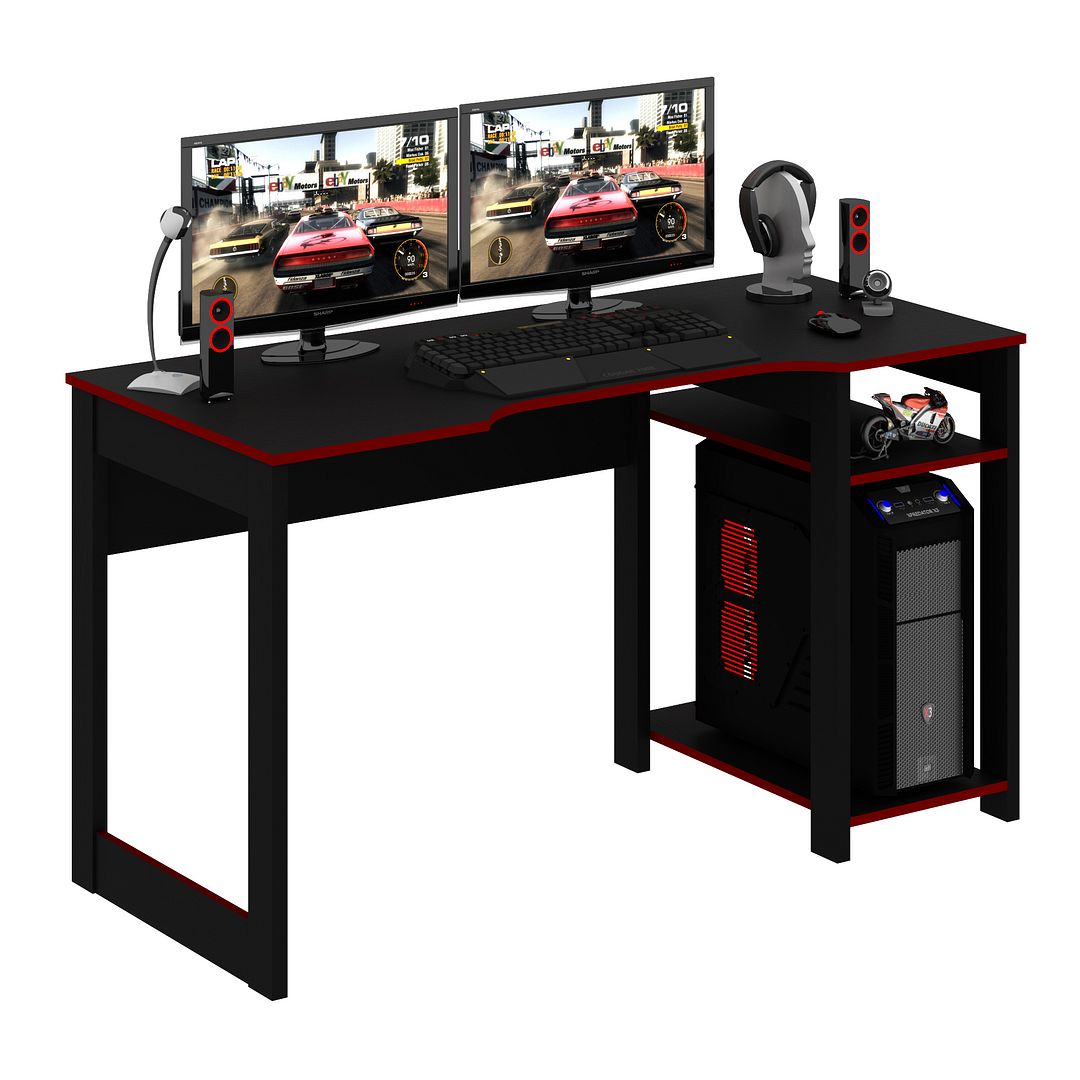Mesa Gamer 136cm com 2 Prateleiras e Porta CPU Nicho Aberto MDP Preto/Vermelho Tecnomobili