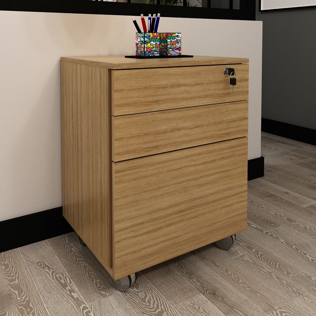 Conjunto de Escritório com Balcão 3 portas, Gaveteiro, Armário 2 Portas e Estante 4 Prateleiras MDP Amendoa Tecnomobili