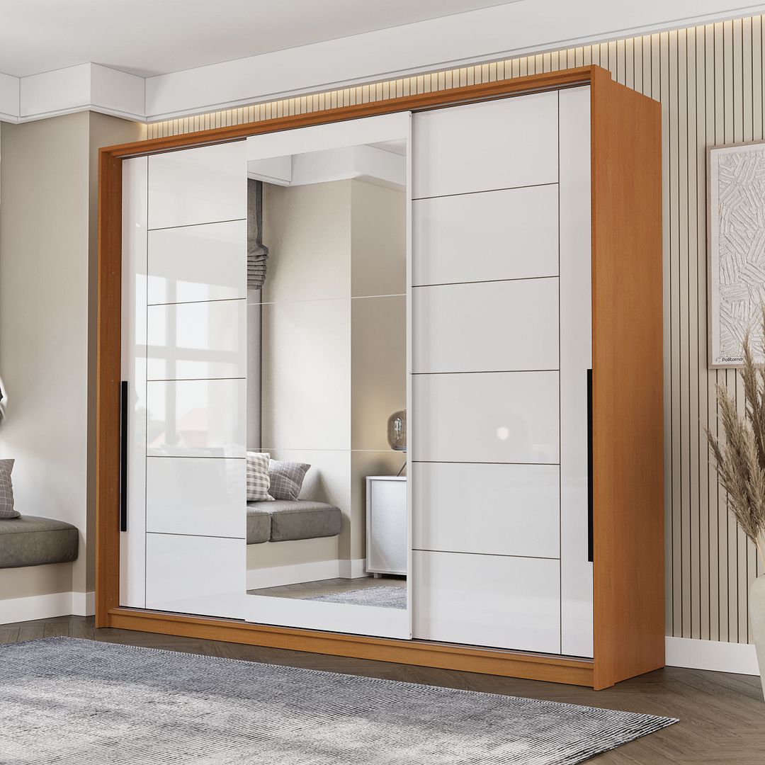 Guarda-Roupa 3 Portas De Correr 4 Gavetas 220cm Com Corrediça Telescópica Em Mdp/mdf Politorno