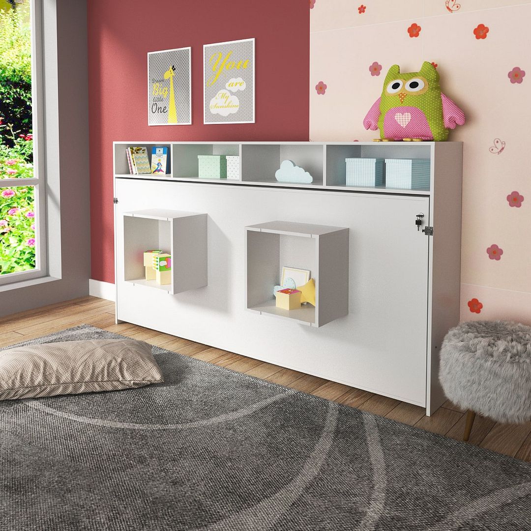 Cama Articulada Horizontal Solteiro de Parede com 6 Nichos MDP Branco Até 130kg Tecnomobili