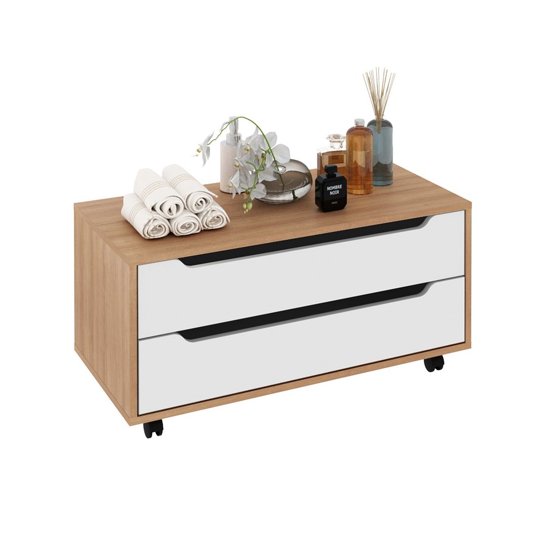 Balcão Gabinete para Banheiro com 2 Gavetas MDP Amêndoa/Branco 4 Pés Rodízios Tecnomobili