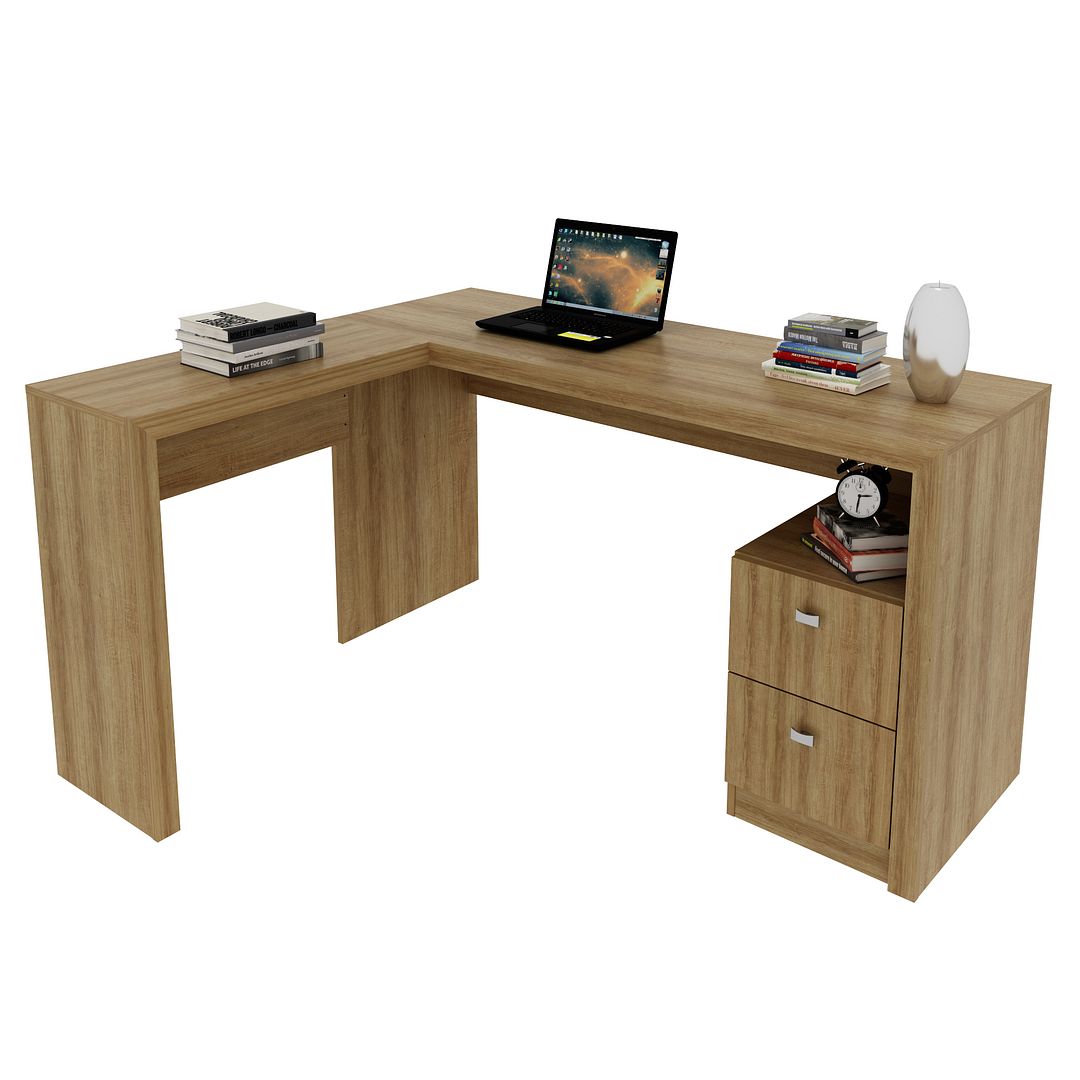 Conjunto de Escritório com Gaveteiro 1 Gaveta, Gaveteiro 3 Gavetas e Mesa Formato em L MDP Amêndoa Tecnomobili