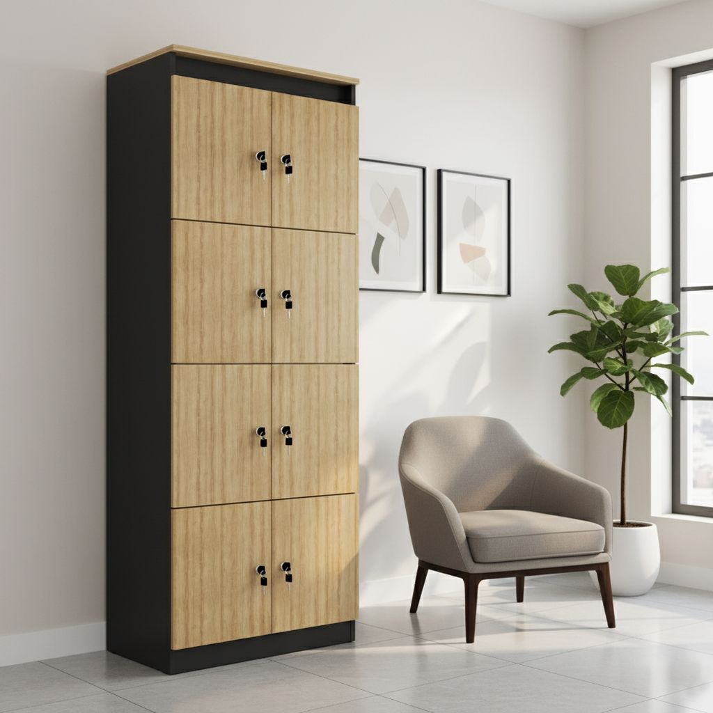 Armário Locker Guarda Volume 8 Portas com Chave MDP Amêndoa/Preto Tecnomobili