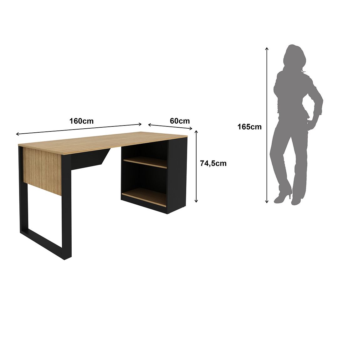 Mesa para Escritório 160cm com 2 Prateleiras MDP Reversível Amêndoa/Preto Tecnomobili
