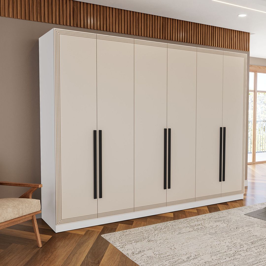 Guarda-Roupa 6 Portas 4 Gavetas 242cm Com Detalhes Usinados E Corrediça Telescópica Em Mdp/mdf Politorno