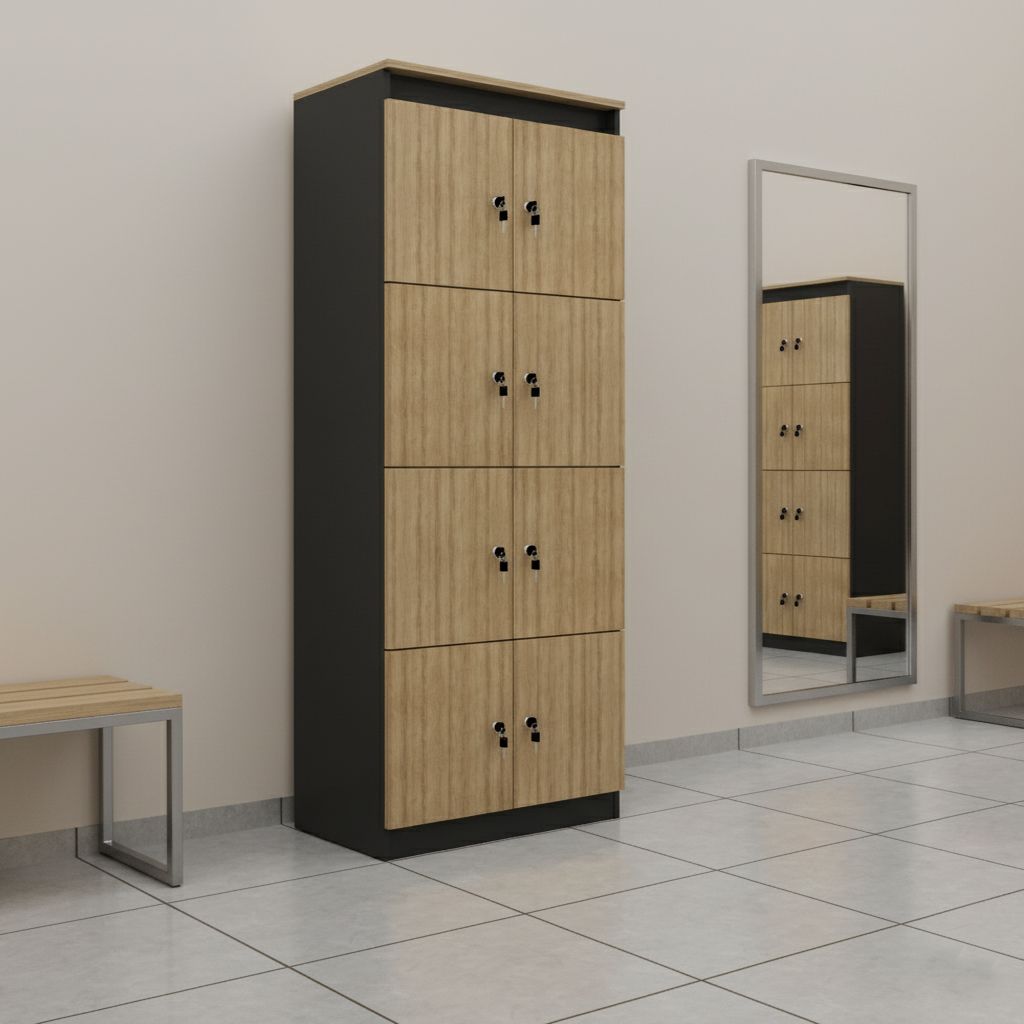 Armário Locker Guarda Volume 8 Portas com Chave MDP Amêndoa/Preto Tecnomobili