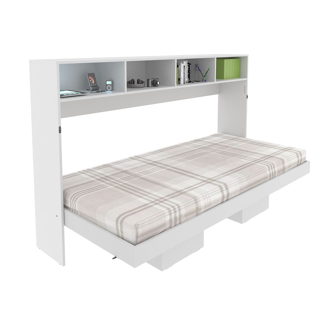 Cama Articulada Horizontal Solteiro de Parede com 6 Nichos MDP Branco Até 130kg Tecnomobili