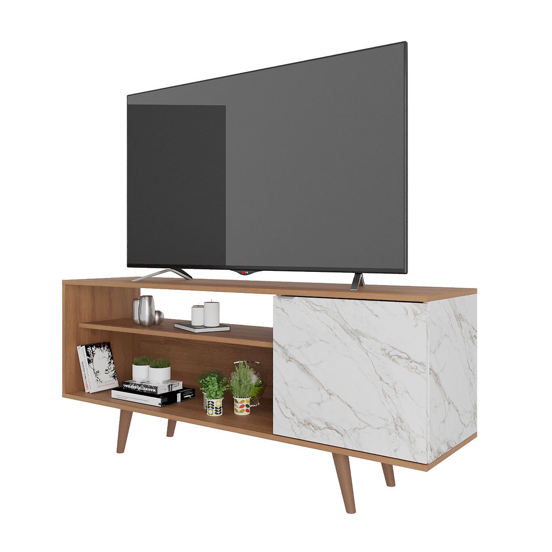Rack para TV até 42 Polegadas com 1 Porta Lateral MDP Amêndoa/Marmore/Branco Tecnomobili