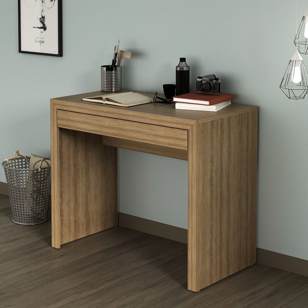 Conjunto de Escritório com Estante 5 Prateleiras, Mesa  90cm 1 Gaveta e Gaveteiro 3 Gavetas MDP Amêndoa Tecnomobili