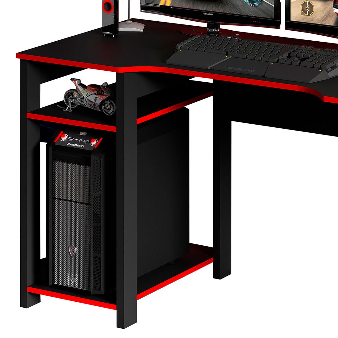 Mesa Gamer 136cm com 2 Prateleiras e Porta CPU Nicho Aberto MDP Preto/Vermelho Tecnomobili