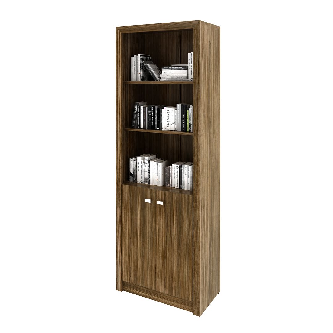 Conjunto de Escritório com Mesa Apoio Lateral 3 Gavetas e Armário Alto com 2 Portas 5 Prateleiras MDP Nogal Tecnomobili
