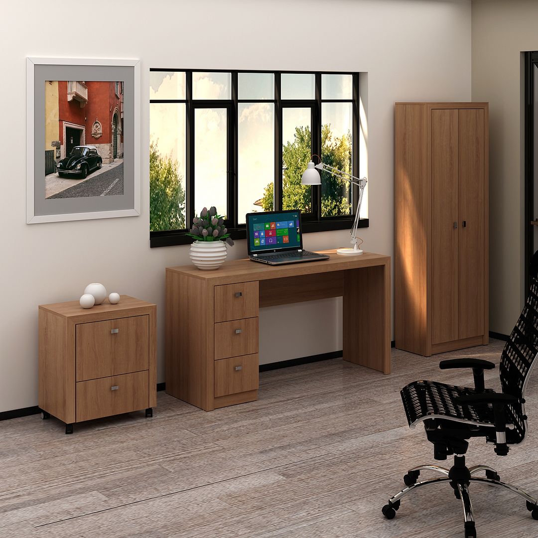 Conjunto de Escritório com Mesa 3 Gavetas, Armário com 2 Portas 5 Prateleiras e Gaveteiro MDP Amêndoa Tecnomobili