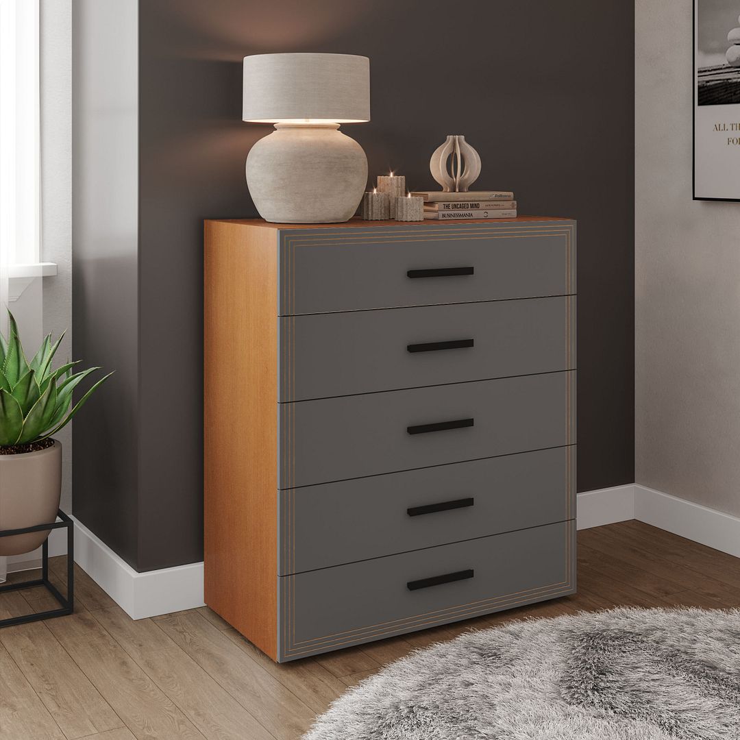 Cômoda 5 Gavetas 90cm Com Detalhes Usinados E Corrediça Telescópica Em Mdp/mdf Politorno