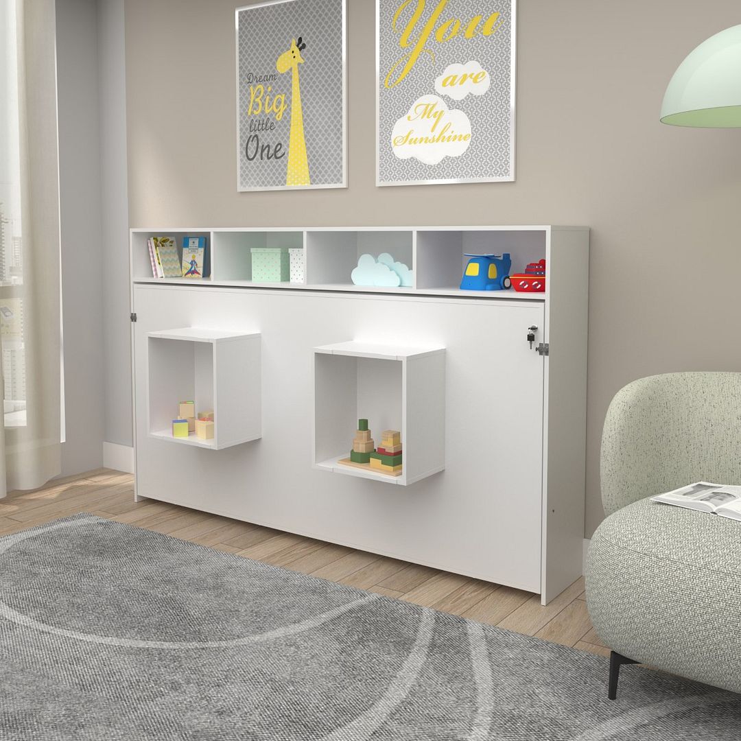 Cama Articulada Horizontal Solteiro de Parede com 6 Nichos MDP Branco Até 130kg Tecnomobili