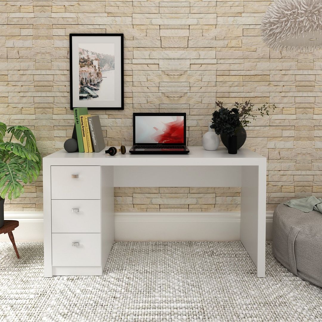 Mesa para Escritório Reta 140cm com 3 Gavetas MDP Branco Tecnomobili