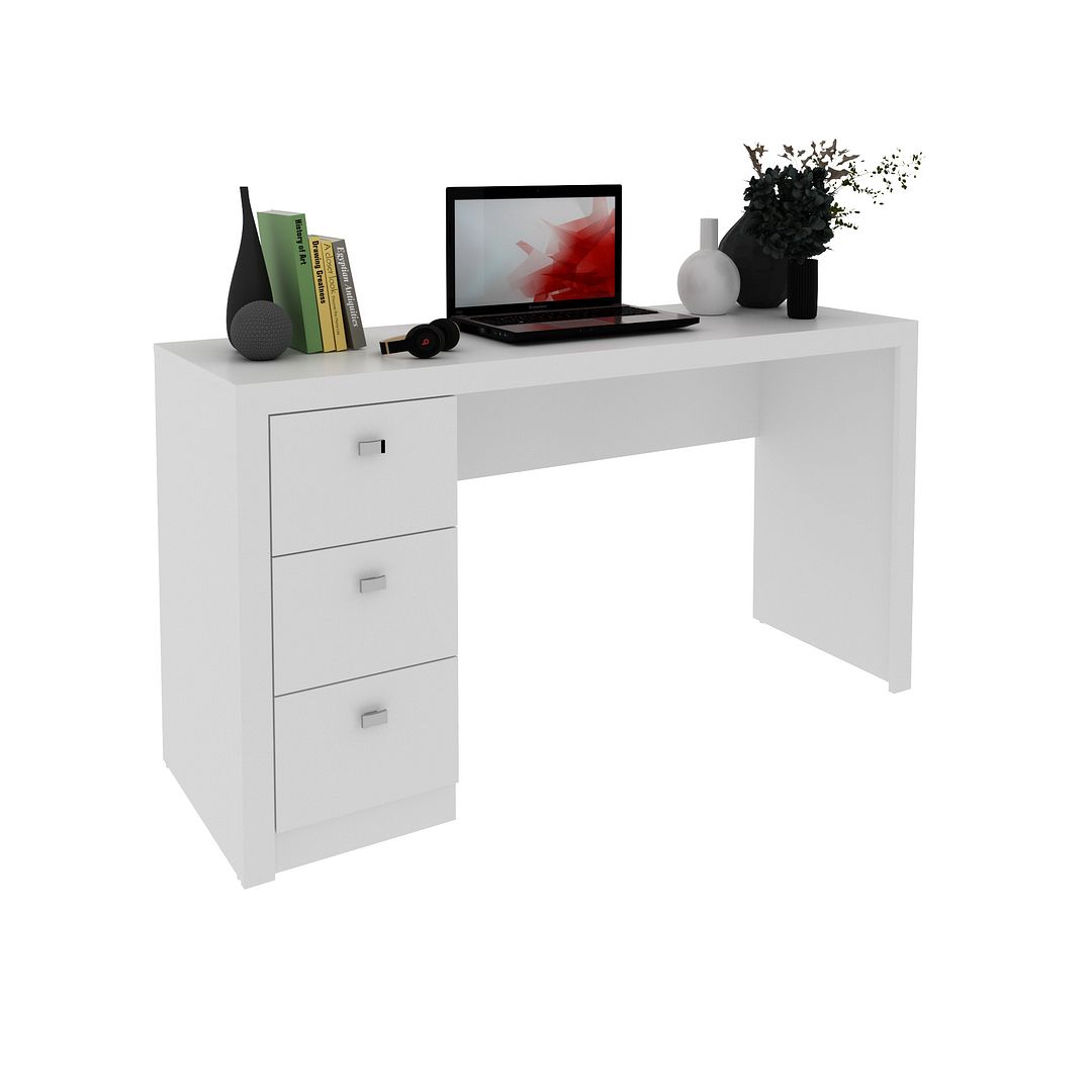 Mesa para Escritório Reta 140cm com 3 Gavetas MDP Branco Tecnomobili