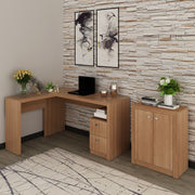 Conjunto de Escritório com Balcão 60cm e Mesa 138,5cm Formato em L com 2 Gavetas MDP Amêndoa Tecnomobili