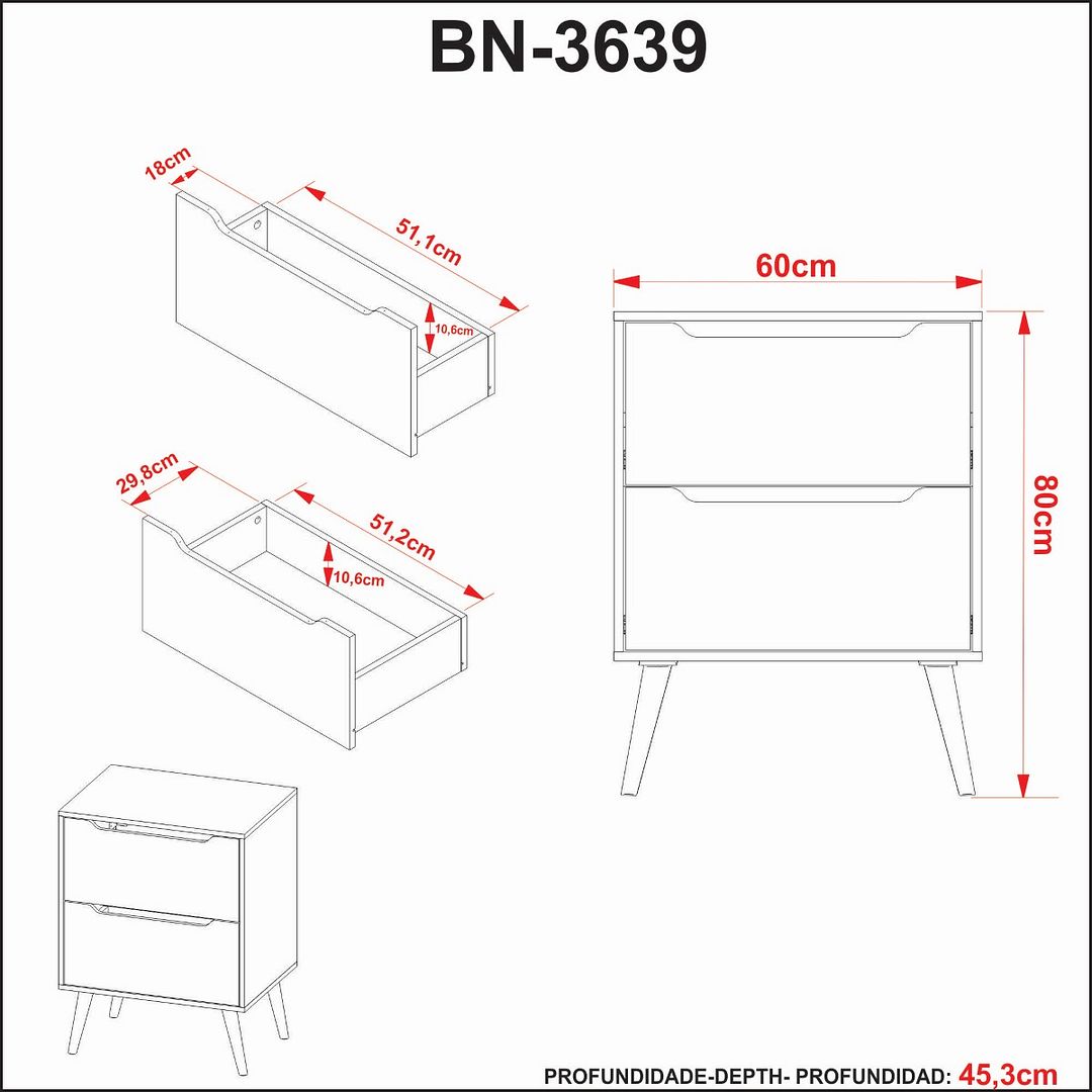 Balcão Gabinete para Banheiro 60cm com 2 Gavetas MDP Branco Pés Retrô Palito Tecnomobili